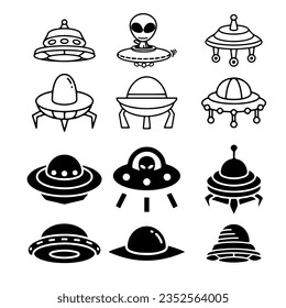 aliens, flying saucer, unidentified flying object. Vector set of EPS 10 icons
