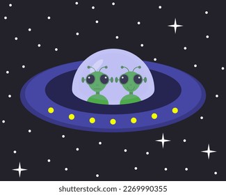Aliens in a flying saucer, vector. Aliens in a flying saucer on the background of space.