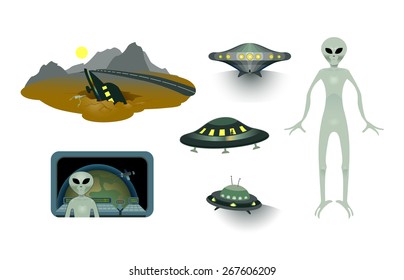 Aliens and flying saucers set. A spaceship crashes on the ground.