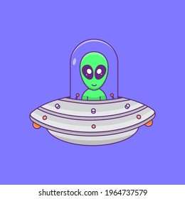 Aliens flying with ufo, cute alien flying with spaceship cartoon, Flat Design Cartoon fun technology