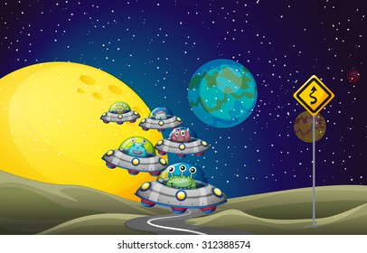 Aliens flying UFO in the space illustration