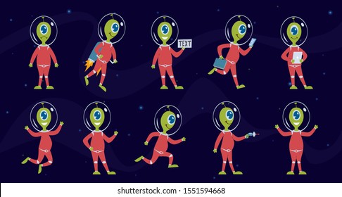 Aliens. Funny green space humanoid in spacesuit, ufo alien pilot in different activities. Galaxy monster vector cartoon happy extraterrestrial characters set