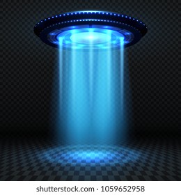 Aliens futuristic spaceship, ufo with blue lights. Invasion vector concept. Ufo invasion, spaceship and blue ray illustration