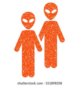 Aliens grainy textured icon for overlay watermark stamps. Flat symbol with dust texture. Dotted vector orange ink rubber seal stamp with grunge design on a white background.