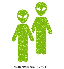 Aliens grainy textured icon for overlay watermark stamps. Flat symbol with unclean texture. Dotted vector eco green ink rubber seal stamp with grunge design on a white background.