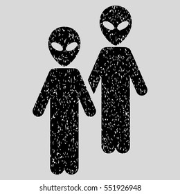 Aliens grainy textured icon for overlay watermark stamps. Flat symbol with dirty texture. Dotted vector black ink rubber seal stamp with grunge design on a light gray background.