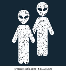 Aliens grainy textured icon for overlay watermark stamps. Flat symbol with scratched texture. Dotted vector white ink rubber seal stamp with grunge design on a dark blue background.