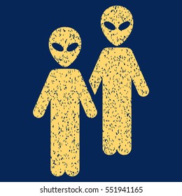 Aliens grainy textured icon for overlay watermark stamps. Flat symbol with dust texture. Dotted vector yellow ink rubber seal stamp with grunge design on a blue background.