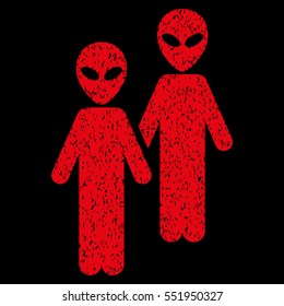 Aliens grainy textured icon for overlay watermark stamps. Flat symbol with dirty texture. Dotted vector red ink rubber seal stamp with grunge design on a black background.