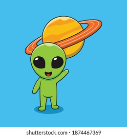 aliens are greeting with the planet Saturn. Flat cartoon style suitable for web landing page, banner, flyer, sticker, card, children books and etc.