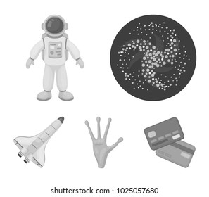 Alien's hand, space shuttle ship, astronaut in spacesuit, black hole with the stars. Space set collection icons in monochrome style vector symbol stock illustration