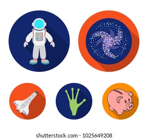 The alien's hand, the space shuttle ship Space Shuttle, the astronaut in the spacesuit, the black hole with the stars. Space set collection icons in flat style vector symbol stock illustration web.
