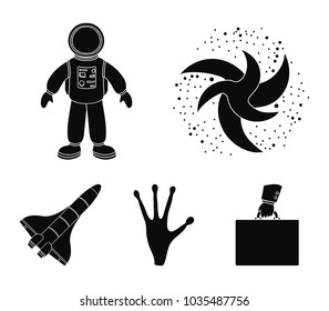 The alien's hand, the space shuttle ship Space Shuttle, the astronaut in the spacesuit, the black hole with the stars. Space set collection icons in black style vector symbol stock illustration web.