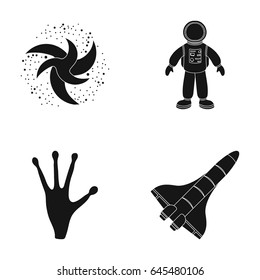 The alien's hand, the space shuttle ship Space Shuttle, the astronaut in the spacesuit, the black hole with the stars. Space set collection icons in black style vector symbol stock illustration web.