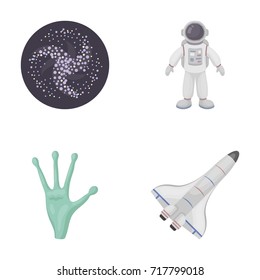 The alien's hand, the space shuttle ship Space Shuttle, the astronaut in the spacesuit, the black hole with the stars. Space set collection icons in cartoon style vector symbol stock illustration web.