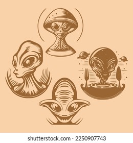 Aliens head face vector objects and design elements sketch style isolated on brown background
