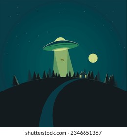 Los extraterrestres están aquí. Los extranjeros secuestran a una vaca. Ilustración. Imagen vectorial. 