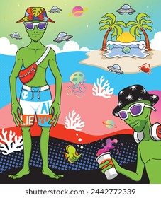 Aliens holidays at the beach, alien background