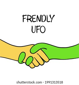 aliens human friends greeting handshake green hands hello alien beings friends invasion day ufo