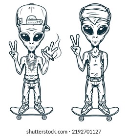 Aliens humanoids Vintage Emblem monochrome Martians Skateboarder Geste des Friedens und Pazifismus fantastische Wesen aus UFO Vektorgrafik