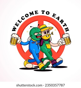 Aliens and humans partying. Perfect for logos, mascots, t-shirts, stickers and posters