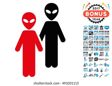 Aliens icon with 2017 year bonus vector design elements. Design style is flat symbols, white background.