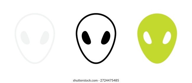 Conjunto de ícones de alienígenas. Ícones de linha preta e verde do Alien. Sinal de rosto alienígena, símbolo. OVNI, ficção científica, conceito de fantasia. Traçado editável. Ilustração vetorial. Design plano. Isolado em um fundo branco.