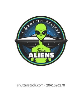 Aliens icon with vector UFO and space monster. Flying saucer spaceship and green martian extraterrestrial creature with angry face and big eyes, galaxy universe stars and asteroids isolated symbol