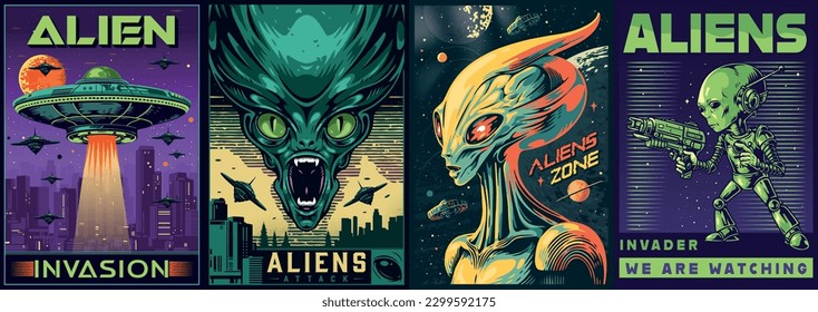 Aliens invasion colorful set flyers with martians invading cities of planet earth on flying saucers with blasters vector illustration