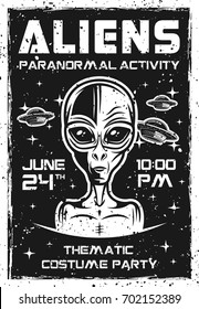 Aliens invitation poster for thematic costume party vector illustration in vintage style. Layered, separate grunge textures and text