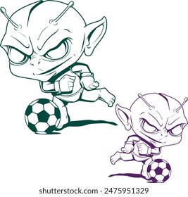 aliens kicking the ball, angry alien playing football, small alien