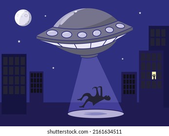 Aliens kidnap a person. Flying saucer at night in the city. Cartoon vector illustration. Unlate flying object.