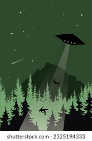 los extraterrestres secuestran a dos hombres del bosque. cielo estrellado y montañas.