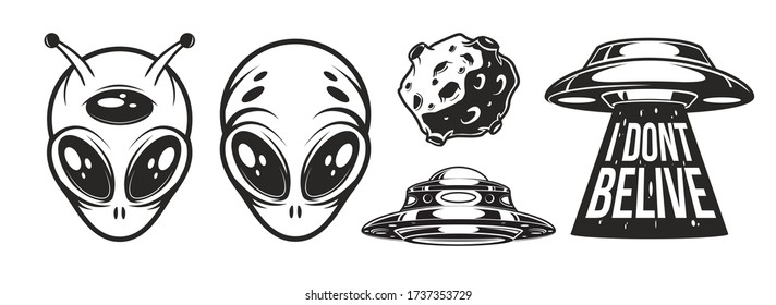 Aliens logo details. Ufo Day. Meteor, asteroid. Badges with spaceships and abduction. Vector illustration.