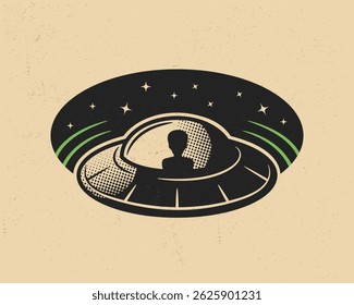 Aliens logo. Silhouette of alien inside spaceship. Retro UFO emblem perfect for t-shirts, stickers, badges, and sci-fi themed branding. Vector illustration.

