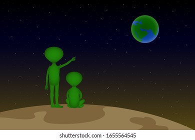 Aliens look to Earth from Moon. Vector illustration.