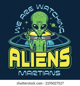 Aliens Martians buntes Vintage-Emblem mit grünem Humanoid und fliegendem Untersaucer UFO aus Science-Fiction-Geschichten über galaktische Zivilisationen Vektorgrafik