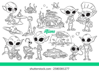 Aliens and martians living in space with big heads and huge eyes near fantastic buildings or cars. Aliens riding bicycle and raising children near cute extraterrestrial chef from mars. Hand drawn