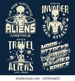 Aliens Martians Set Monochrome Sketch Vintage Space Humanoids With Pistols Attack Other Planets And Civilizations On UFO Vector Illustration