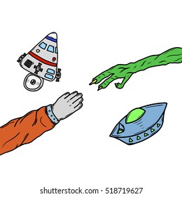 Aliens meet humans in space. Original hand drawn illustration.