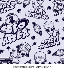 Aliens monochrome pattern seamless vintage with UFO spaceships in universe and peaceful humanoids with text space invader vector illustration