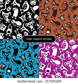 Aliens and monsters. Four seamless vector patterns.
