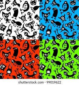 Aliens and monsters. Four seamless vector patterns.