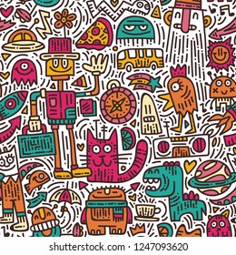 Alien's morning doodle vector seamless pattern. Colorful hand drawn background with cute monsters. Modern robots and fantastic creatures art texture