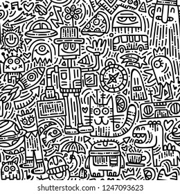 Alien's morning doodle vector seamless pattern. Black and white hand drawn background with cute monsters. Modern robots and fantastic creatures art texture