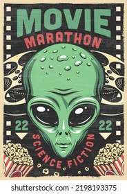 Aliens movie flyer colorful vintage cinema with invitation to show blockbuster about space and Martians in sci-fi story vector illustration