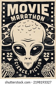 Aliens movie poster vintage monochrome premiere of sci-fi movie with Martian face and popcorn on playbill vector illustration