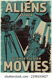 Aliens Movies Colorful Flyer Vintage Science Fiction About UFO Attack And Invasion New York With Statue Of Liberty Vector Illustration