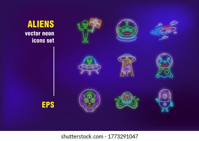 Aliens neon signs set. Green cute characters, humanoid, invaders, ufo. Night bright advertising. Vector illustration in neon style for banners, posters, flyers design