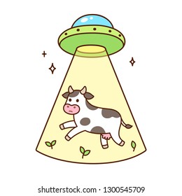 Aliens on flying saucer abduct cow. Funny cartoon UFO drawing, vector illustration.